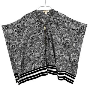 Michael Kors Paisley Black White Poncho Kaftan Scarf Flutter Top Women's L XL